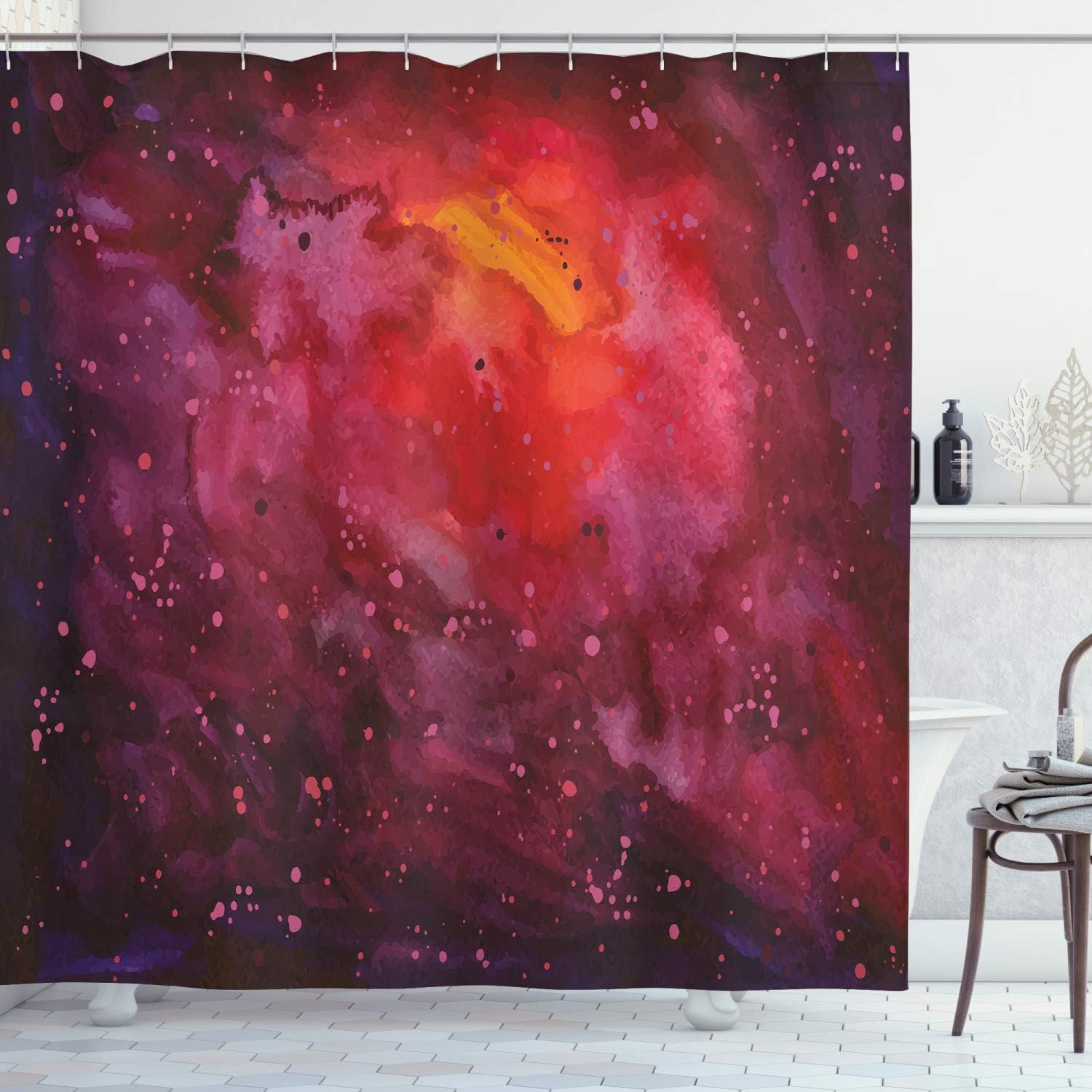 Ambesonne Outer Space Shower Curtain, Cosmos Milky Way Galaxy Abstract Stardust in Watercolor Design, Cloth Fabric Bathroom Decor Set with Hooks, 69" W x 75" L, Lavender Mustard