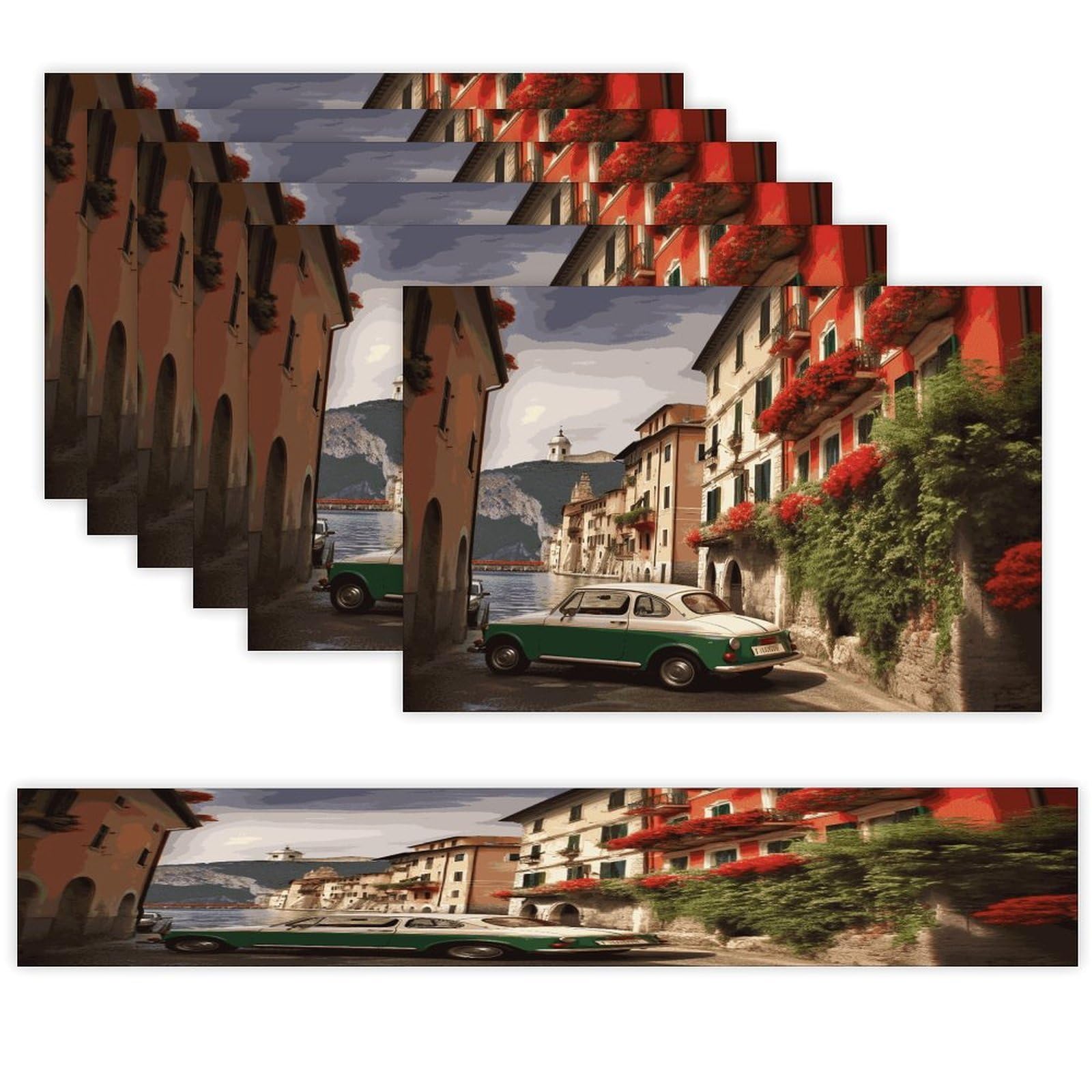 Beautiful Italy Table Runner and Placemats Set of 6 for Kitchen Washable Table Mats Heat Resistant Place Mats Non-Slip Place Mat Wipeable Placemat(6 Placemats+1 Table Runner)