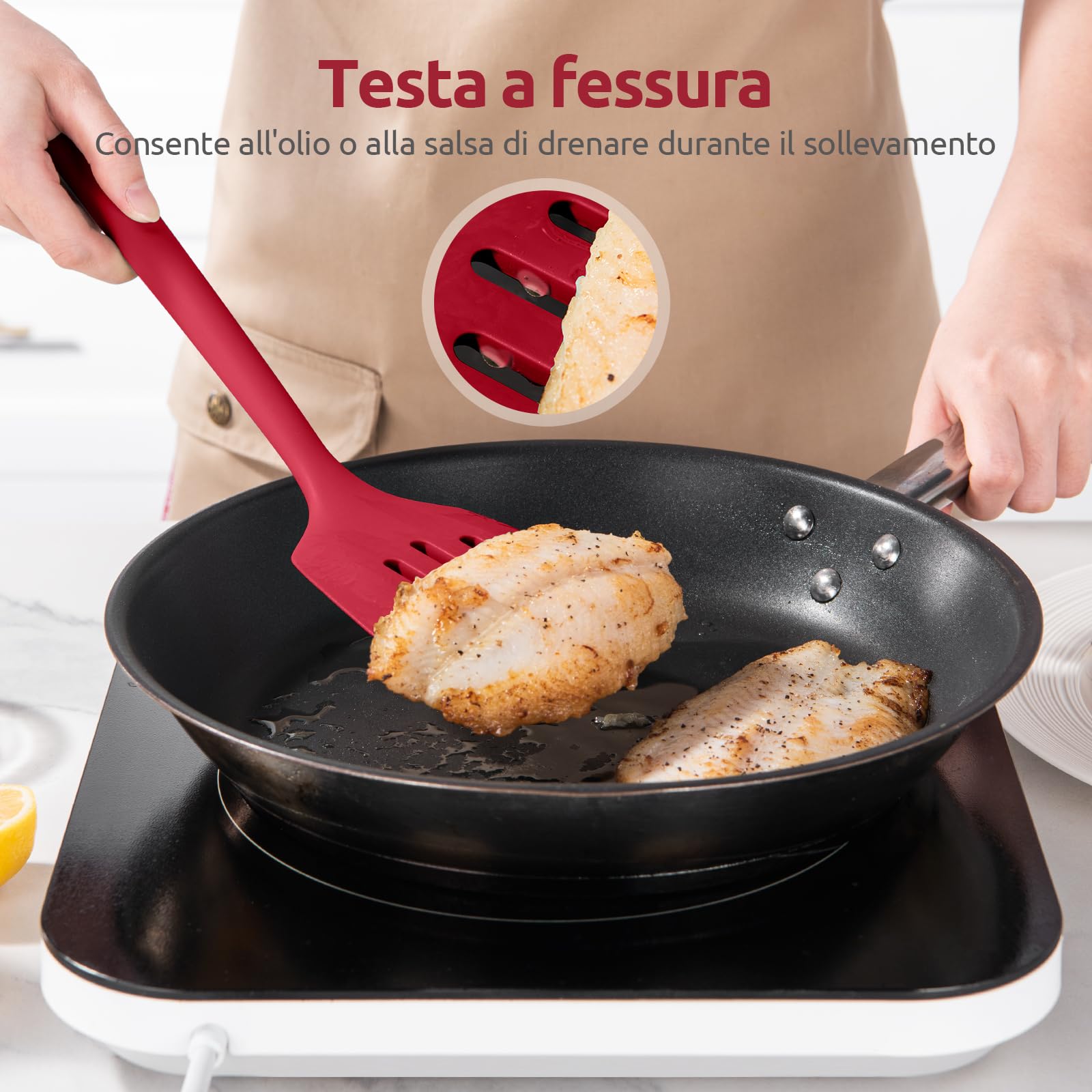 U-Taste Extra lunga spatola in silicone: Spatola da cucina solida e scanalata resistente al calore a 315 ℃, flipper da cucina per friggere pancakes di pesce (Rosso, 2 pezzi)