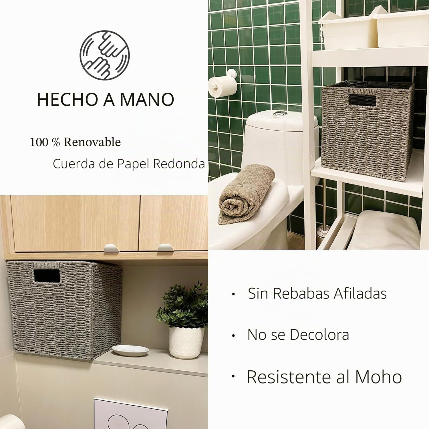2 Cestas de Almacenaje, Cesta Mimbre Tejidas a Mano Cubo 28CM, Cesta Grande Plegable de Papel de Jacinto de Agua con Asas, Cesto Decorativo para Baño Estanterías Kallax Cocina Gris