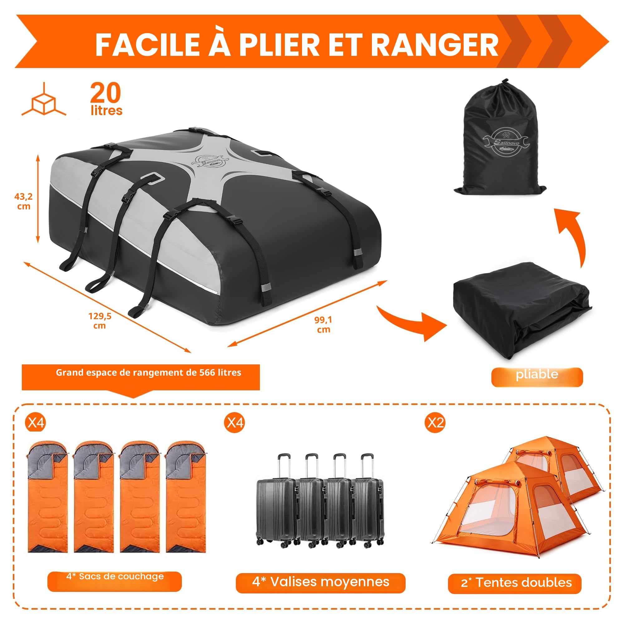 Sailnovo Sac de Toit Voiture pour 580L/20 Pieds Cubes Voyage Coffre De Toit Sac de Toit de étanche pour Tous Les Véhicules avec/sans Galerie de Toit avec Sangle, Tapis antidérapant (Gris-Noir)