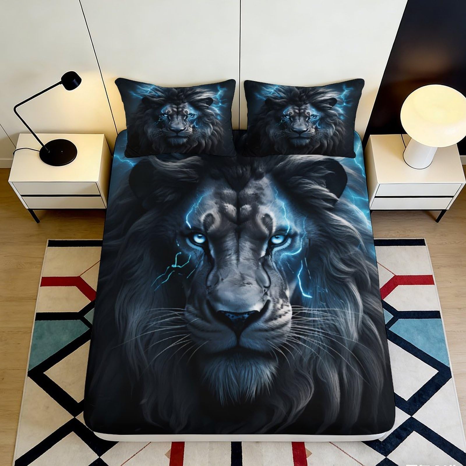 3D Printed Electric Blue Lion Fitted Sheet Microfiber Soft Breathable Thunderstorm Bed Cover for Bedroom Dormitory Guest Room Mattress Protection Decor 120x200x25cm