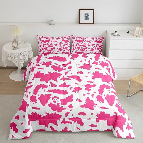 Erosebridal Juego de edredón de piel de vaca rosa envejecido, diseño de animales de granja, tamaño Queen, diseño de vaca de tierras altas, diseño de