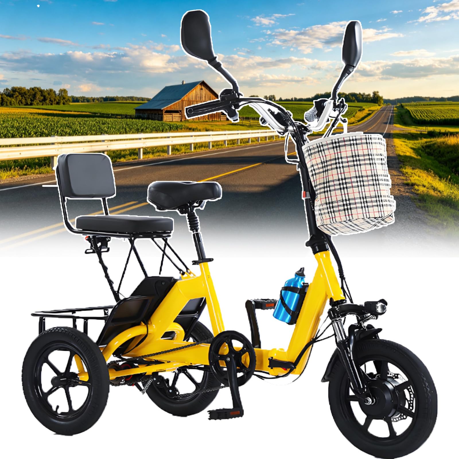 ErShangMao Heavy-Duty Adult Electric Tricycle Bike,Foldable Electric Trike For Shopping,200kg Capacity Commuter Tricycle With Passenger Seat,40km Range, Led Headlight,Lcd Display,Mirror & Horn Yellow