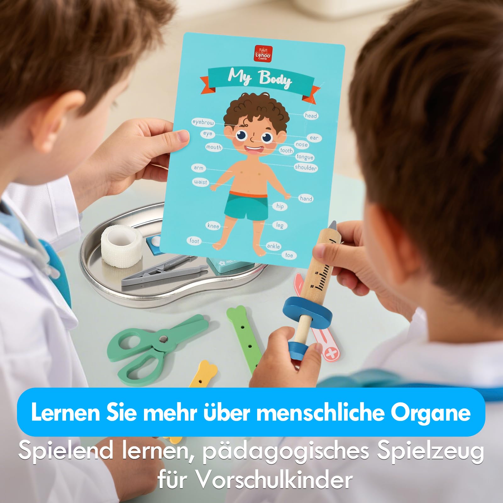 Lehoo Castle Arztkoffer Kinder, Doktorkoffer Kinder, Arztkoffer mit Stethoskop & Arztkittel, Spielzeug ab 3 Jahre