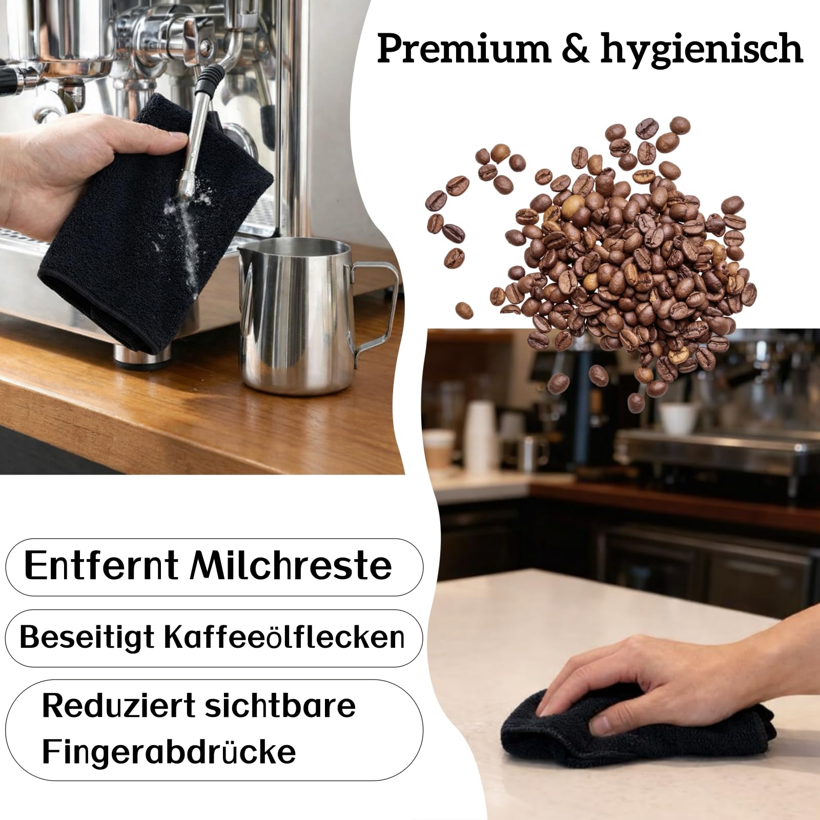 Zestaw 4 ściereczek Barista 30 x 30 cm, czarne ściereczki z mikrofibry, miękkie i chłonne, do czyszczenia sitka, wałka parowego, ekspresu do kawy i młynka do kawy, akcesoria do sitka