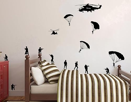Miniatura 7 de ZzMY Helicóptero y ejército hombres cubeta de soldados paracaidistas calcomanía de pared para decoración de habitación de niños, guardería,