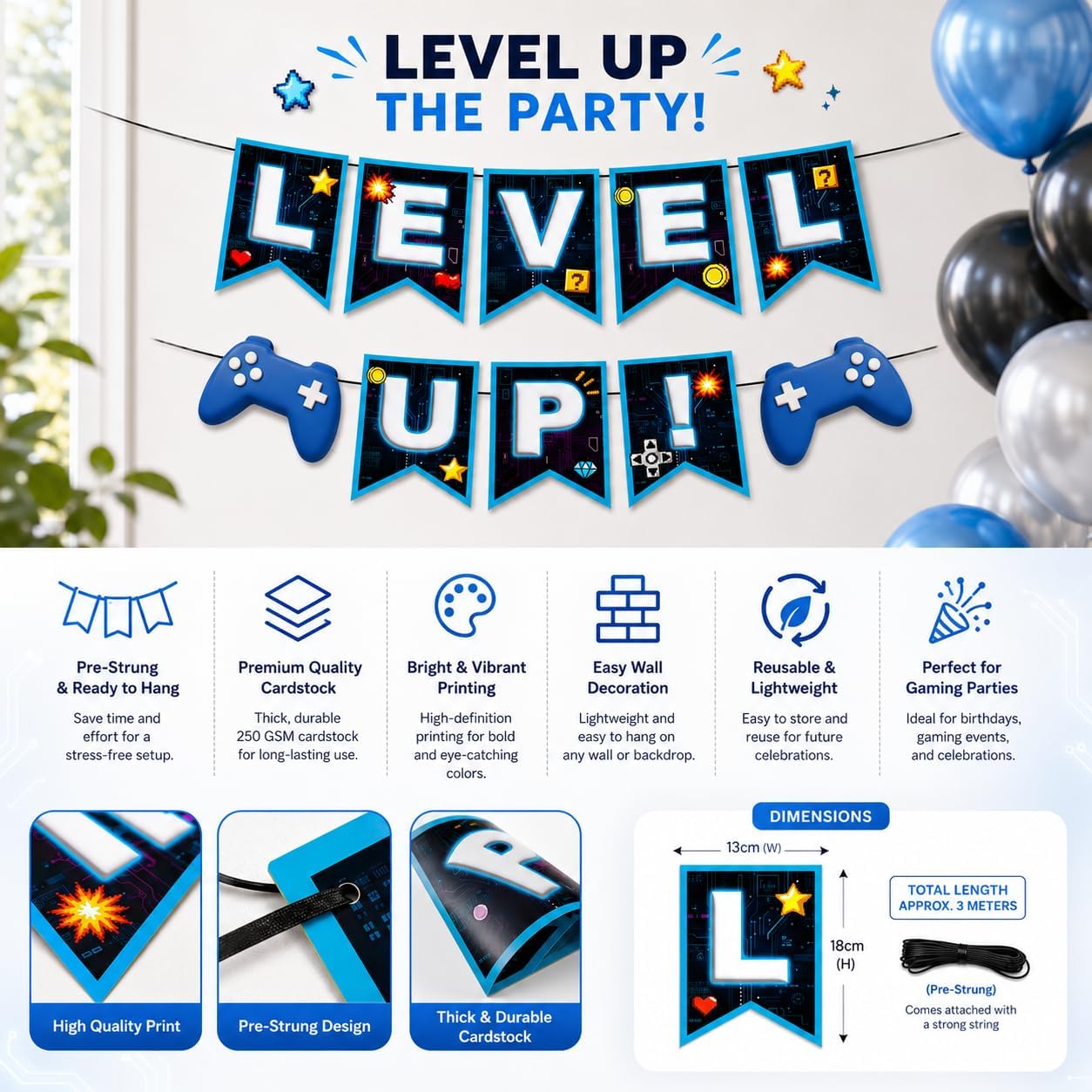 IndoTribe Level Up Banner - 10ft Preassembled Ready To Use Level Up Party Decorations Level Up Sign Video Game Party Decoration Happy Birthday Banner Game On Video Game Birthday Decorations