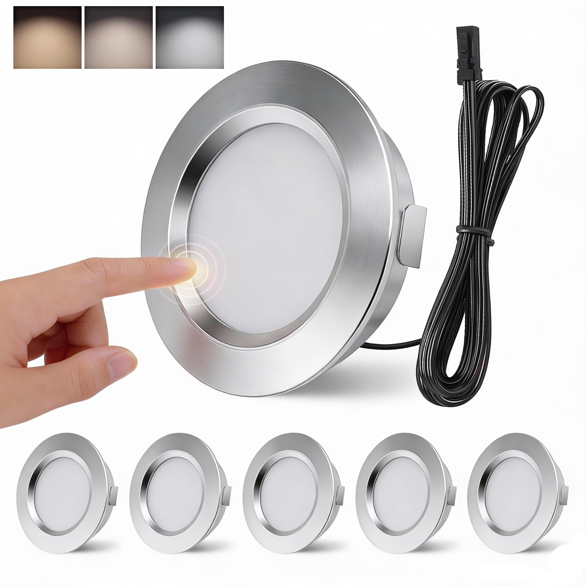 6er Set LED Einbaustrahler 12V Dimmbar,Ultra Flach 14mm,3x Farbtemperatur(3000K/4000K/6000K),IP44,3W CRI>90,Aluminium,Ø68mm für 56-58mm Ausschnitt,mit 2m Kabel–Einbauleuchten für Küche,Bad,Möbel