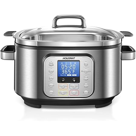 Slow Cooker, HOUSNAT 10 in 1 Programmable Cooker, 6Qt Stainless Steel, Rice Cooker, Yogurt Maker, Delay Start, Steaming Rack and Glass Lid, Adjustable Temp&Time for Slow Cook with Digital Timer