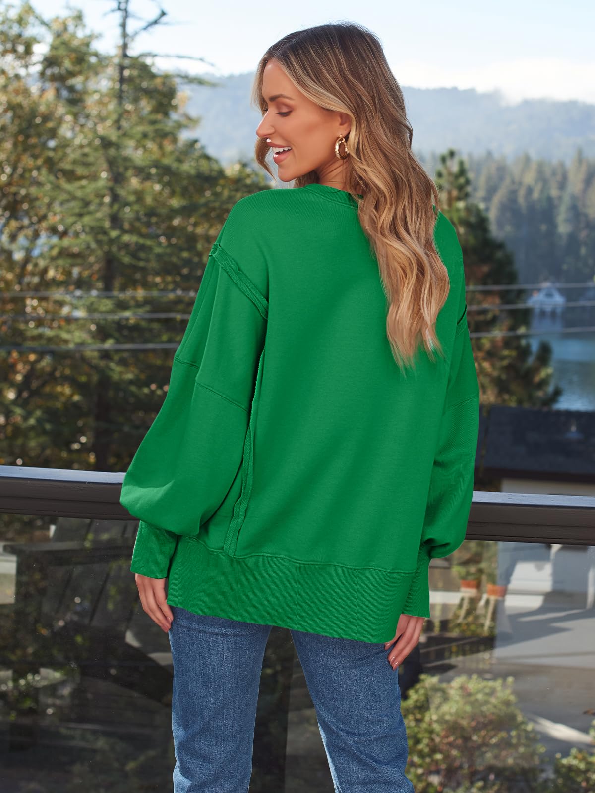 Damskie swetry oversize bluzy z okrągłym dekoltem bluzy zimowe modne ubrania Y2k nastolatki śliczne polarowe stroje 2024, Zielony trawiasty, L
