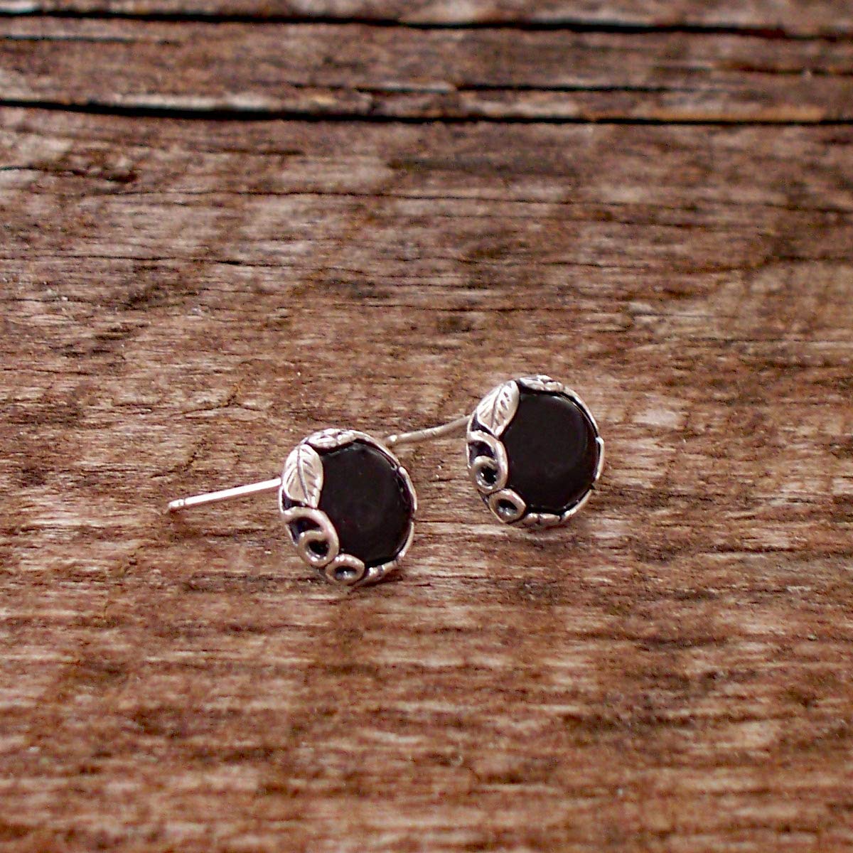 Recycled Antique Black Depression Glass Sterling Silver Botanical Collection Stud Earrings