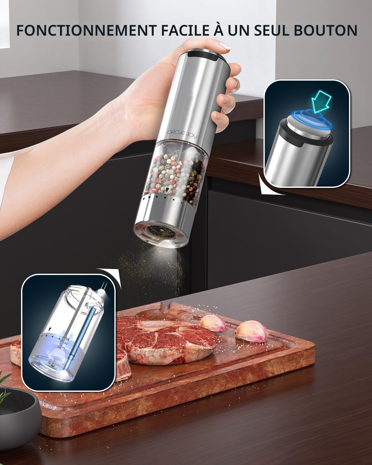 Moulin à Poivre Électrique en Acier Inoxydable Rechargeable 95ml avec Lumière LED Blanche