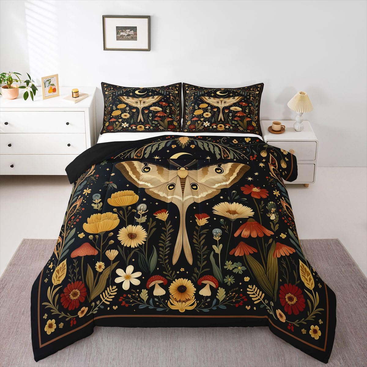 Homemissing Kołdra Moth King Size Sun Moon zestaw pościeli dla dzieci chłopców dziewcząt wystrój boho egzotyczny kwiatowy oddychający miękki lekki mikrofibra boho usta sypialnia dekoracja pościel