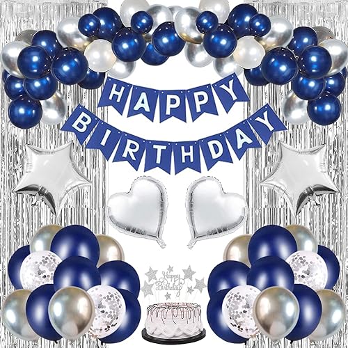 Decoraciones de cumpleaños para hombres azul marino plateado kit de decoración de feliz cumpleaños para hombres mujeres niños y niñas globo de Decoraciones de cumpleaños para hombres azul marino plateado kit de decoración de feliz cumpleaños para hombres mujeres niños y niñas globo de