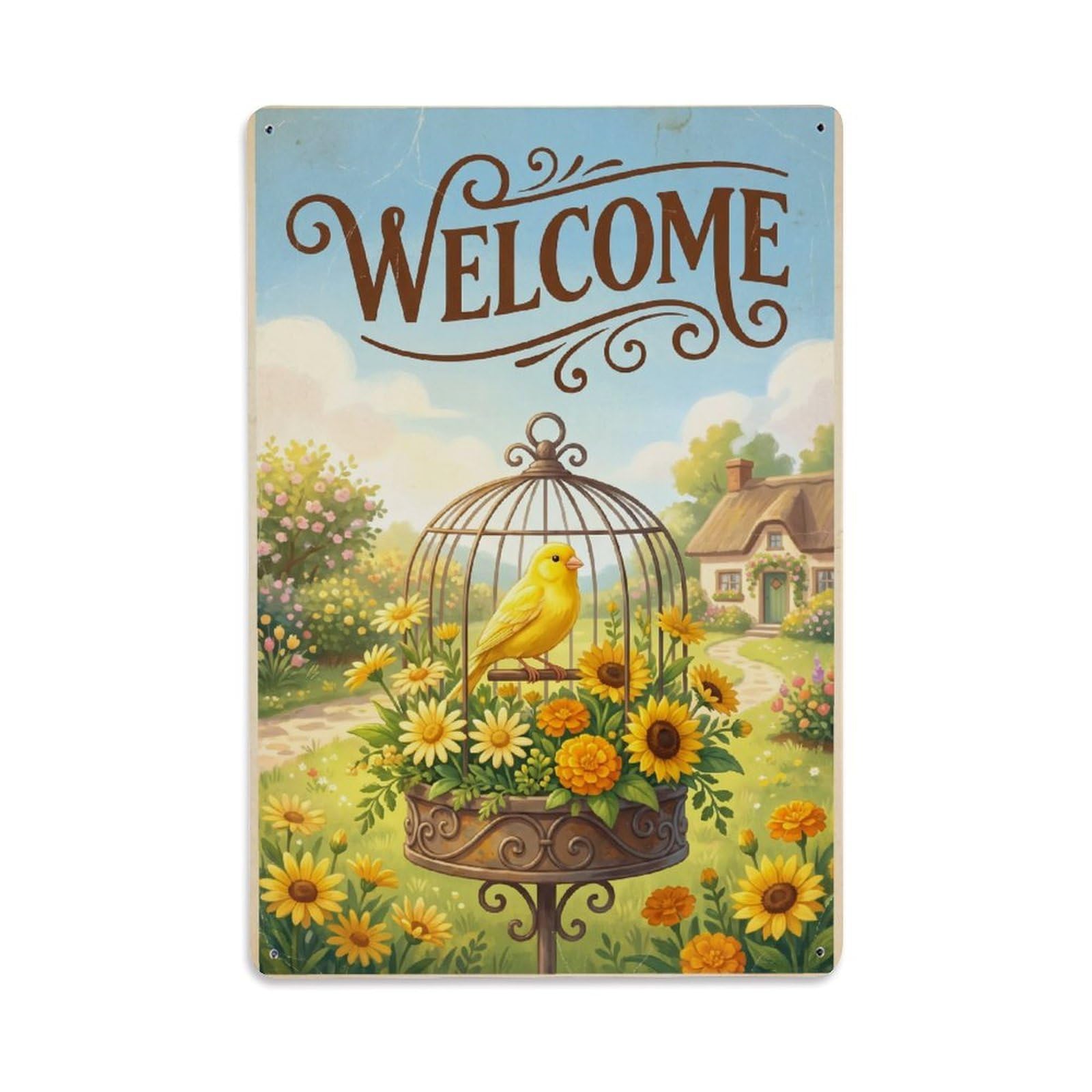 Vintage Welcome Canary Joyful Vibes Metal Tin Sign