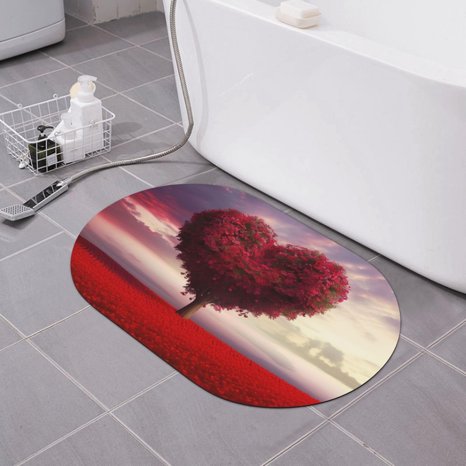 Paillasson pour salle de bain antidérapant et super absorbant rouge motif arbre cœur 40x60