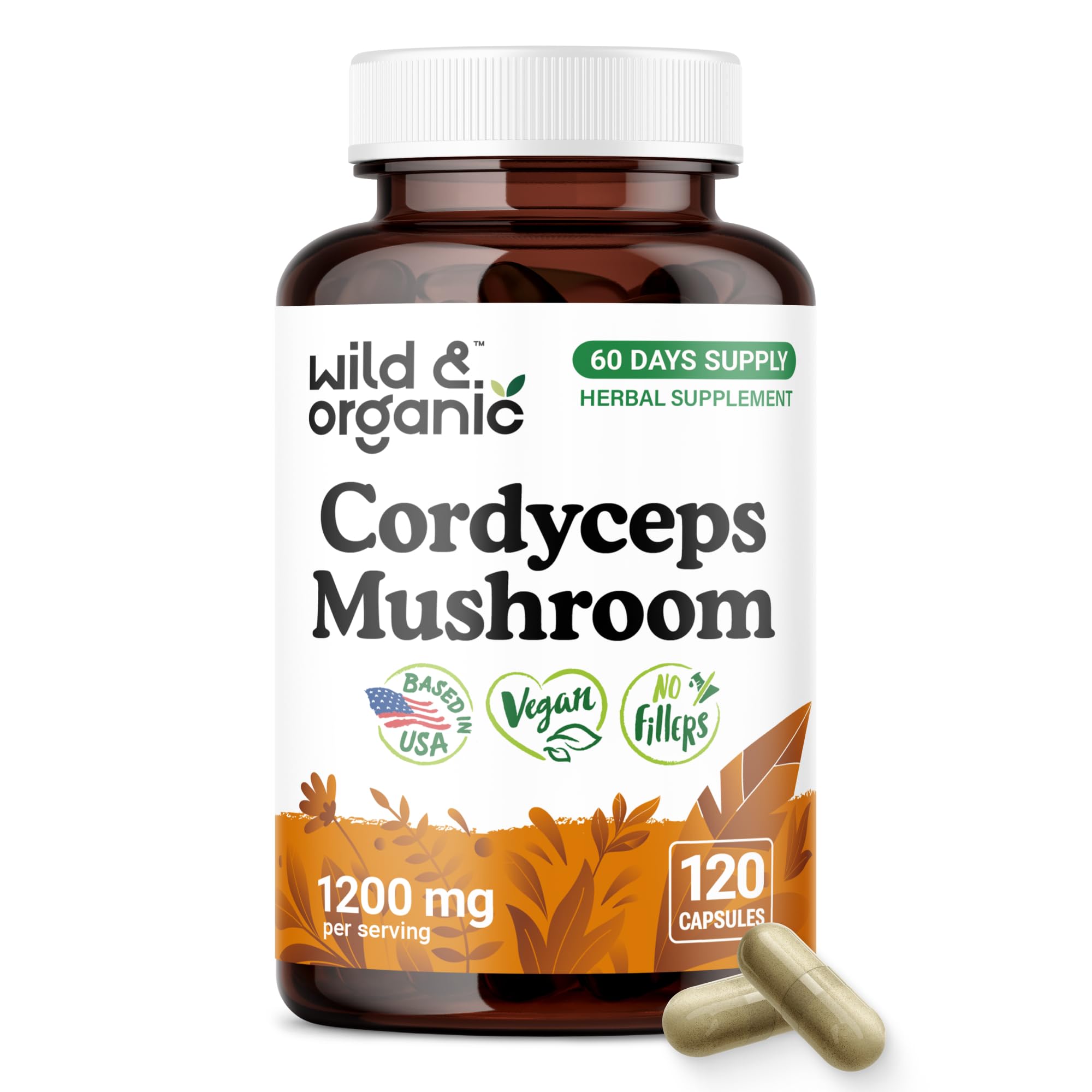 Wild & Organic Cordyceps Mushroom Capsules 1200 mg - Immune Support - 120 Count