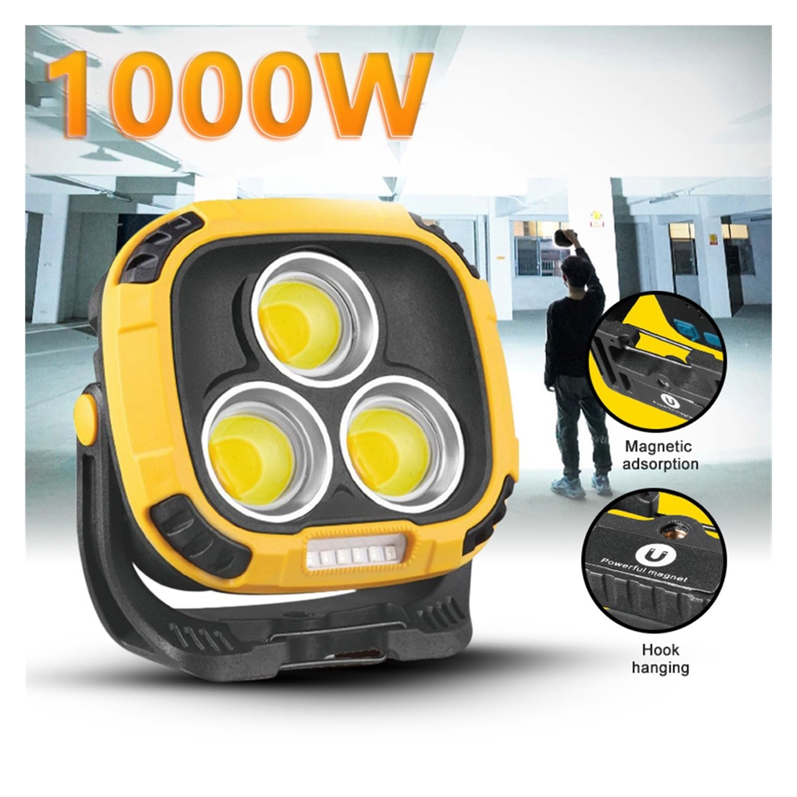 Reflektor LED, Duże Źródło Światła Wielofunkcyjny Przenośny Reflektor Do Ładowania USB Wodoodporna, Przenośna Lampa Awaryjna Na Nocny Targ(Yellow COB 1000W)