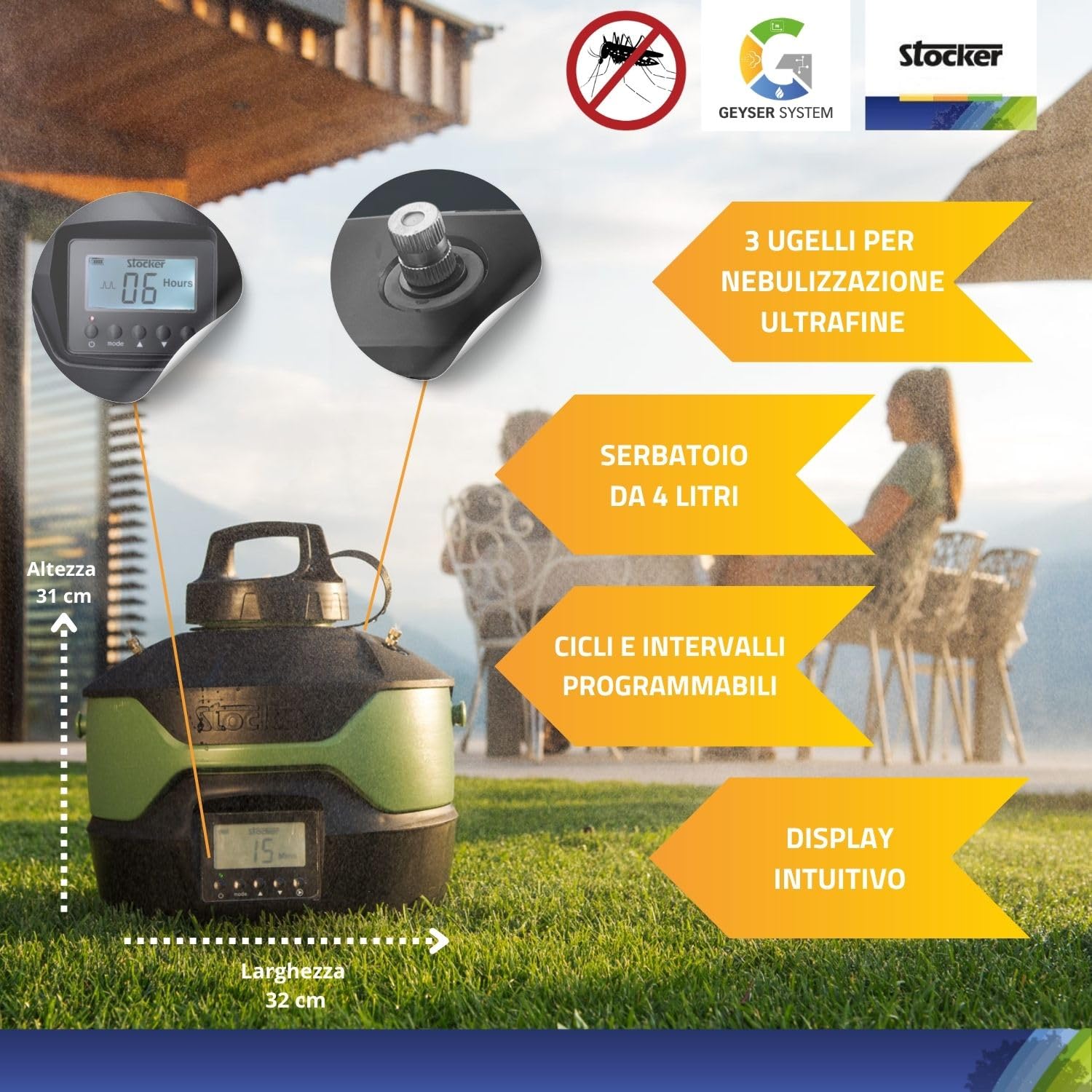STOCKER – Kit Nebulizzatore Geyser 4L con Timer e Pompa Automatica, Batteria 12V, Copertura di 40 m² estendibile, Sistema Antizanzare con 250 ml Zanzaricida e 1 L Disabituante