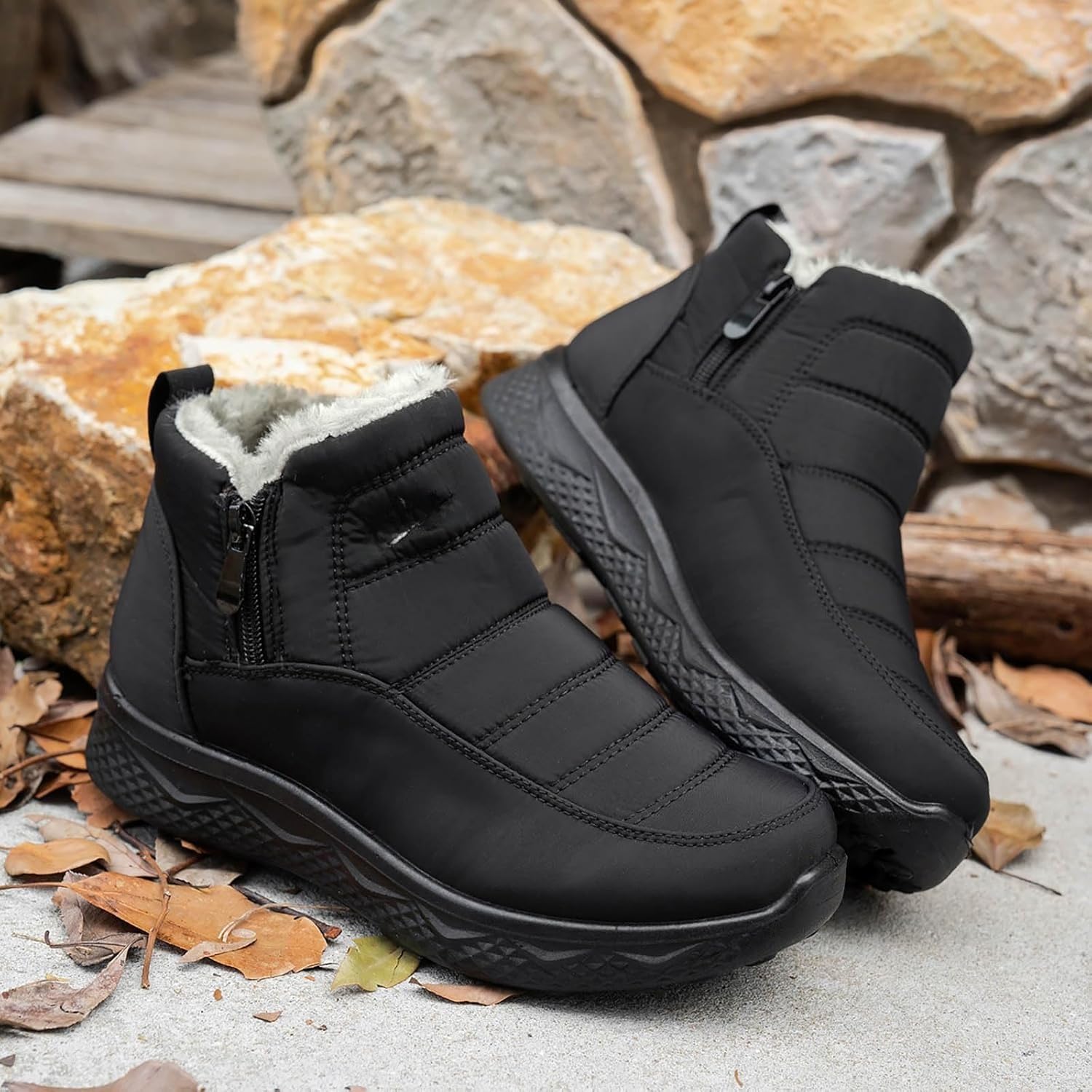Winterstiefel für Damen, breite Breite, warm, mit Fell gefüttert, Schneestiefel, wasserdicht, zum Hineinschlüpfen, bequem, rutschfest, seitlicher Reißverschluss
