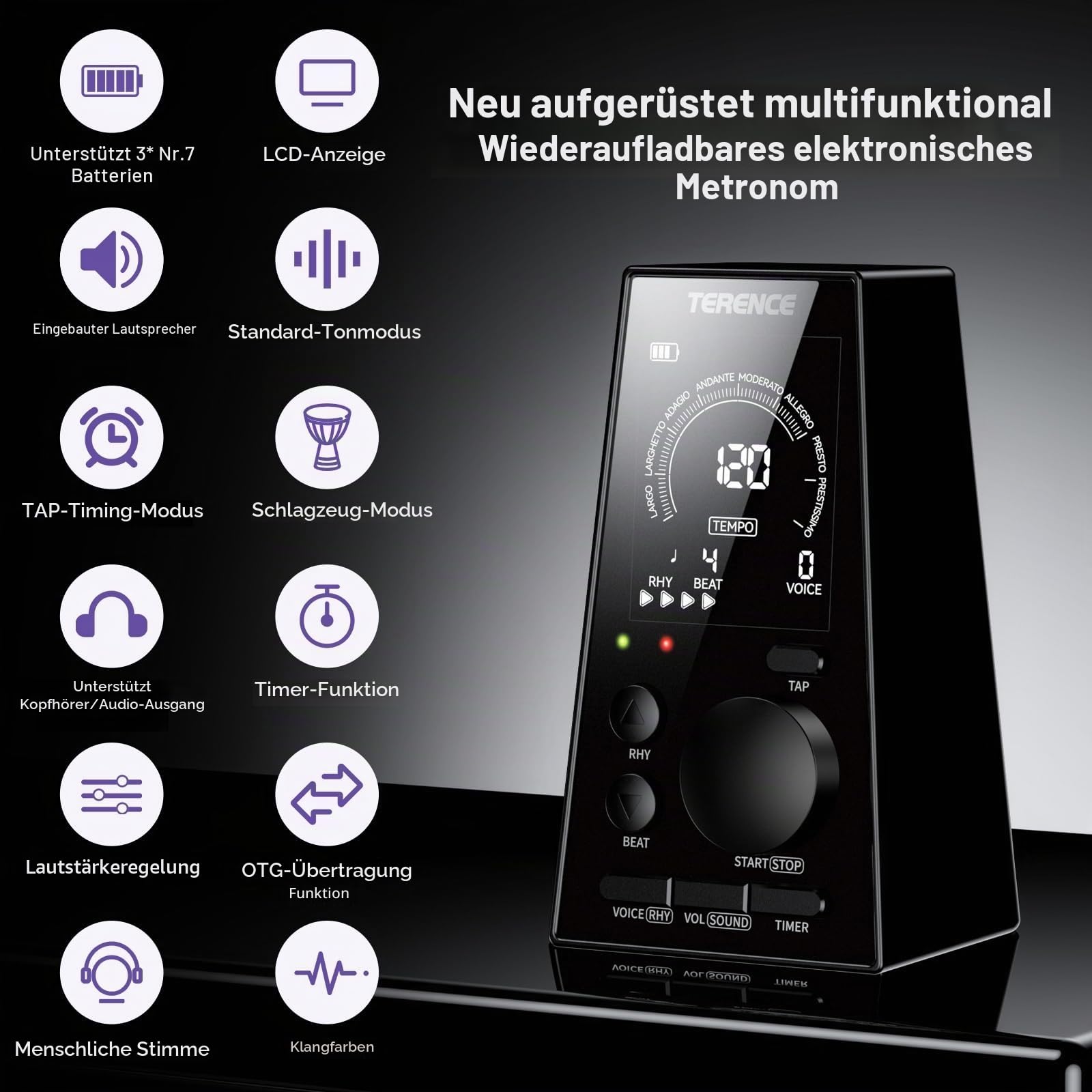 TERENCE Digitales Metronom für Klavier Bass Ukulele Musikinstrumente Elektronisch mit Lautsprecher LCD Display 30-252bpm