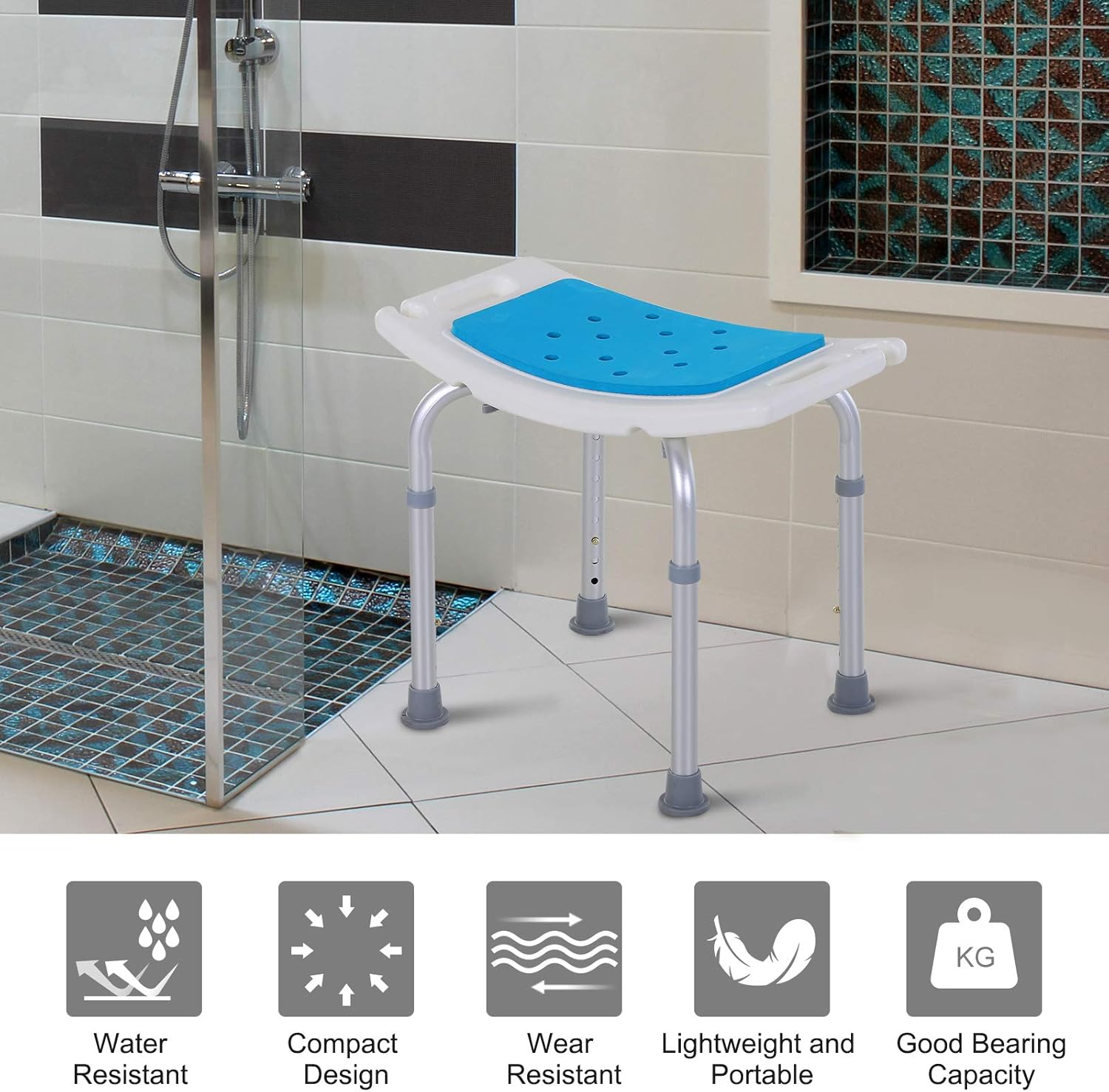 Homcom 6-Level Adjustable Curved Bath Stool Spa Shower Chair Non-Slip Design for The Elderly, Injured, & Pregnant Women