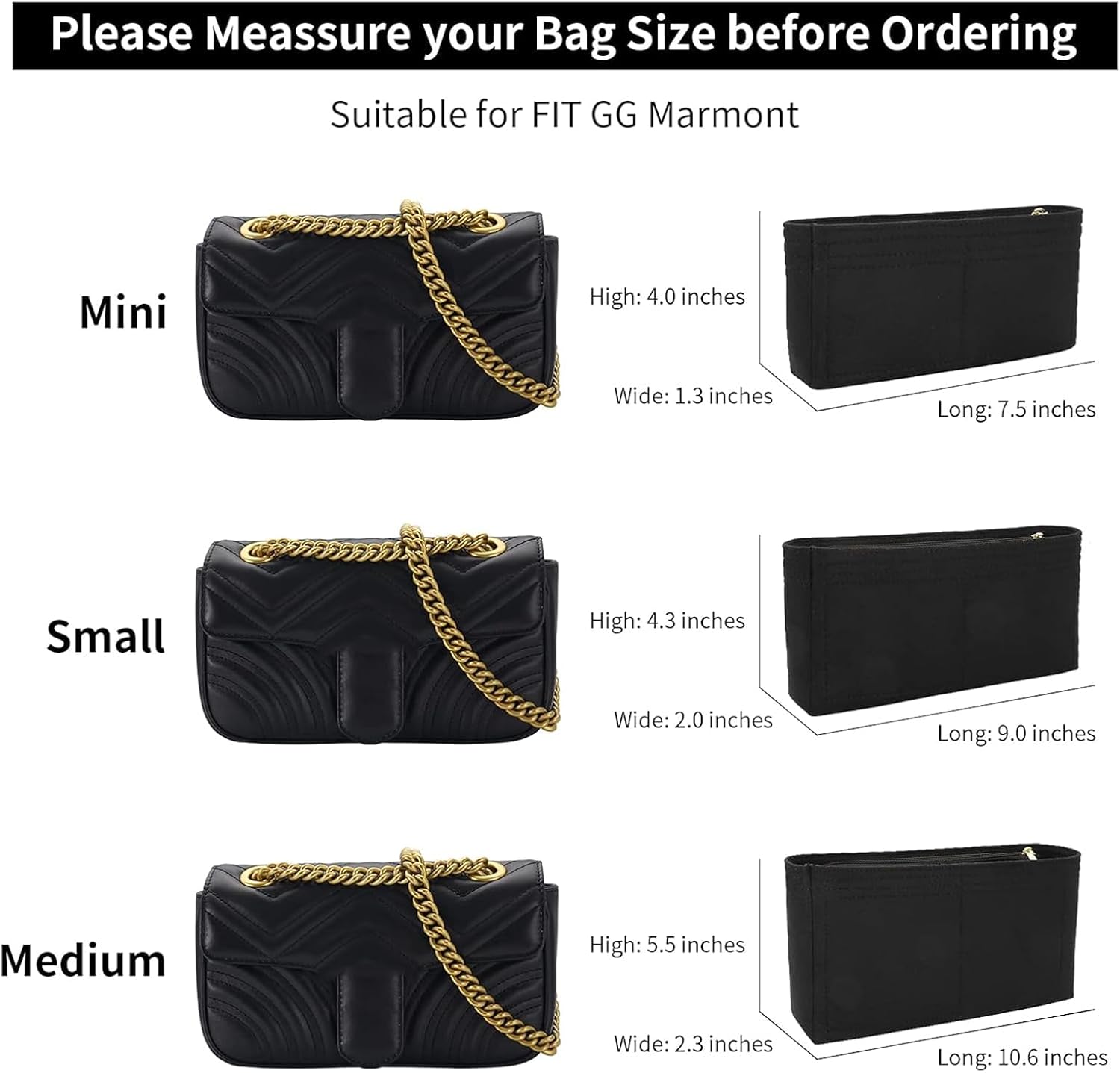 LOUKAYCC Felt Purse Organizer Insert for GG Marmont Mini Bag Organizer Handbag (Mini, Black) - Image 2