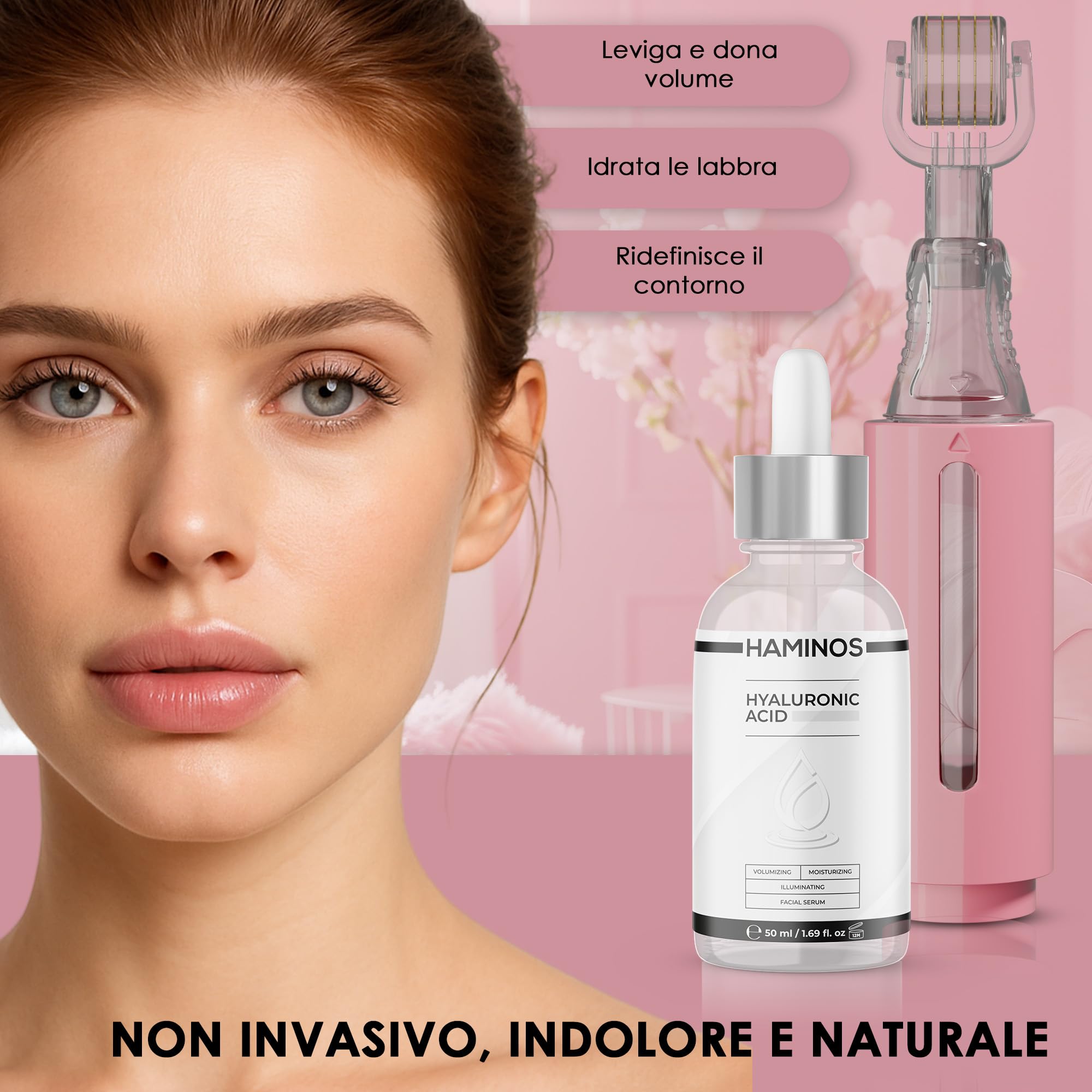 HAMINOS Derma Roller 0,25 mm con Siero Acido Ialuronico per Donne, Microneedle Roller con Serbatoio, Applicatore Siero per Labbra Idratate, Lisce e dall’Aspetto Più Voluminoso