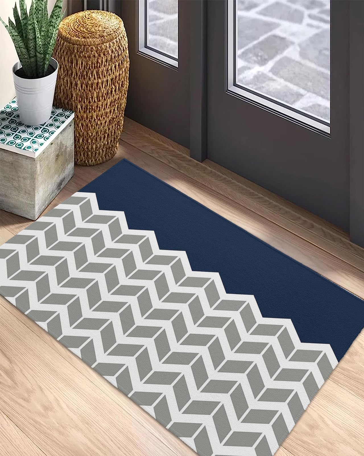 Amazon.com: Indoor Outdoor Mats, Geometric Ripple Print Navy Blue