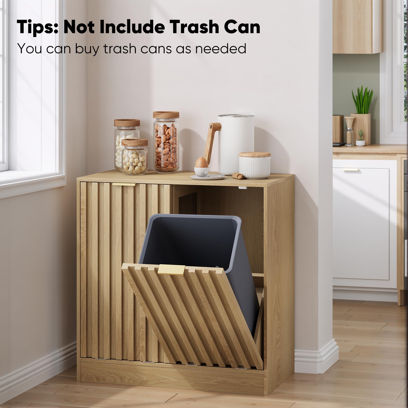 Smuxee Gabinete de lavandería doble inclinable, armario oculto con cestas dobles, cubo de basura natural con puertas estriadas para baño, cocina