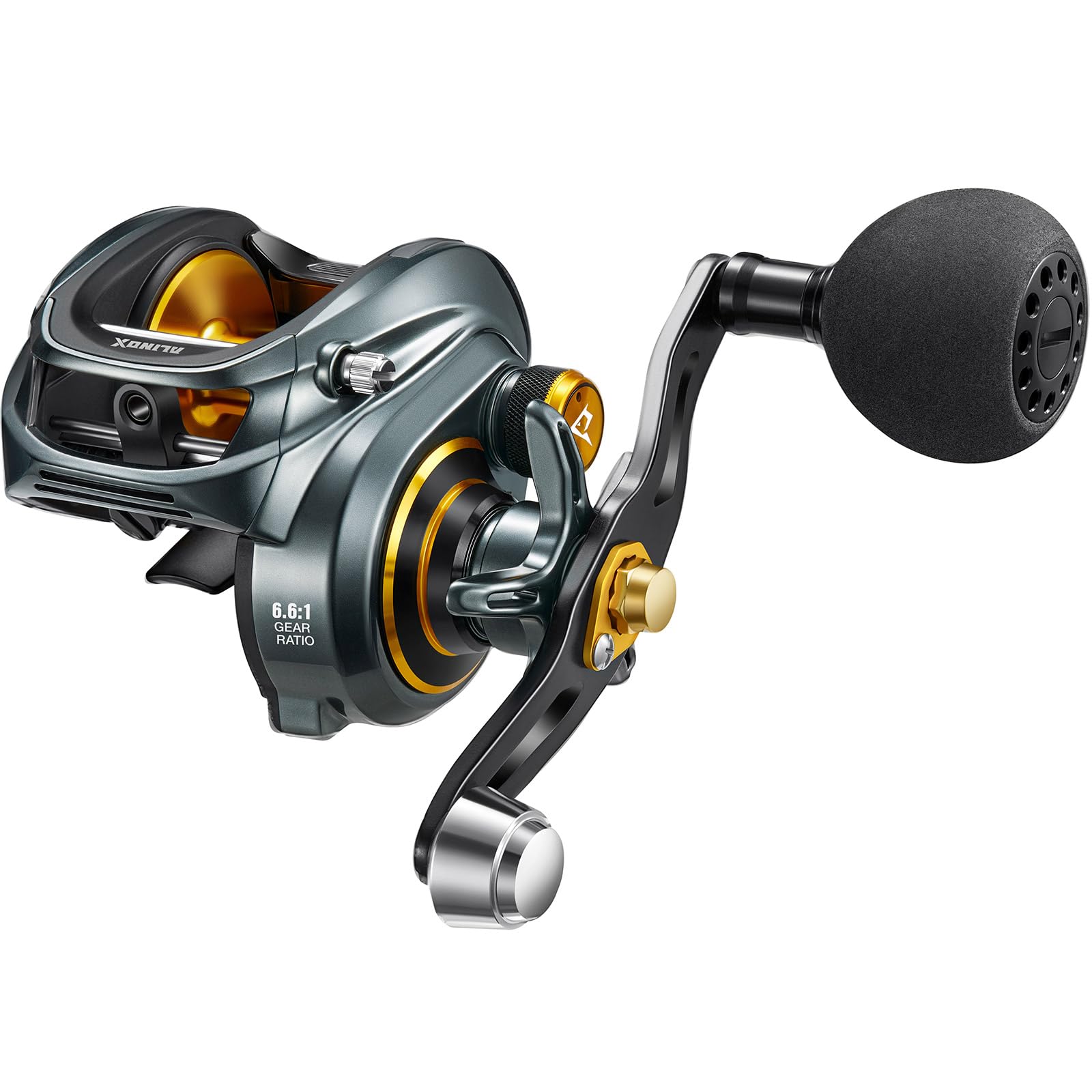 Piscifun Alijoz Baitcasting Fishing Reel, 300 Size Aluminum Frame Baitcaster, 33Lbs Max Drag, 6.6:1 Gear Ratio, Casting Low Profile Baitcaster Reel for Musky (Left Handed), Gray & Golden - 6.6:1