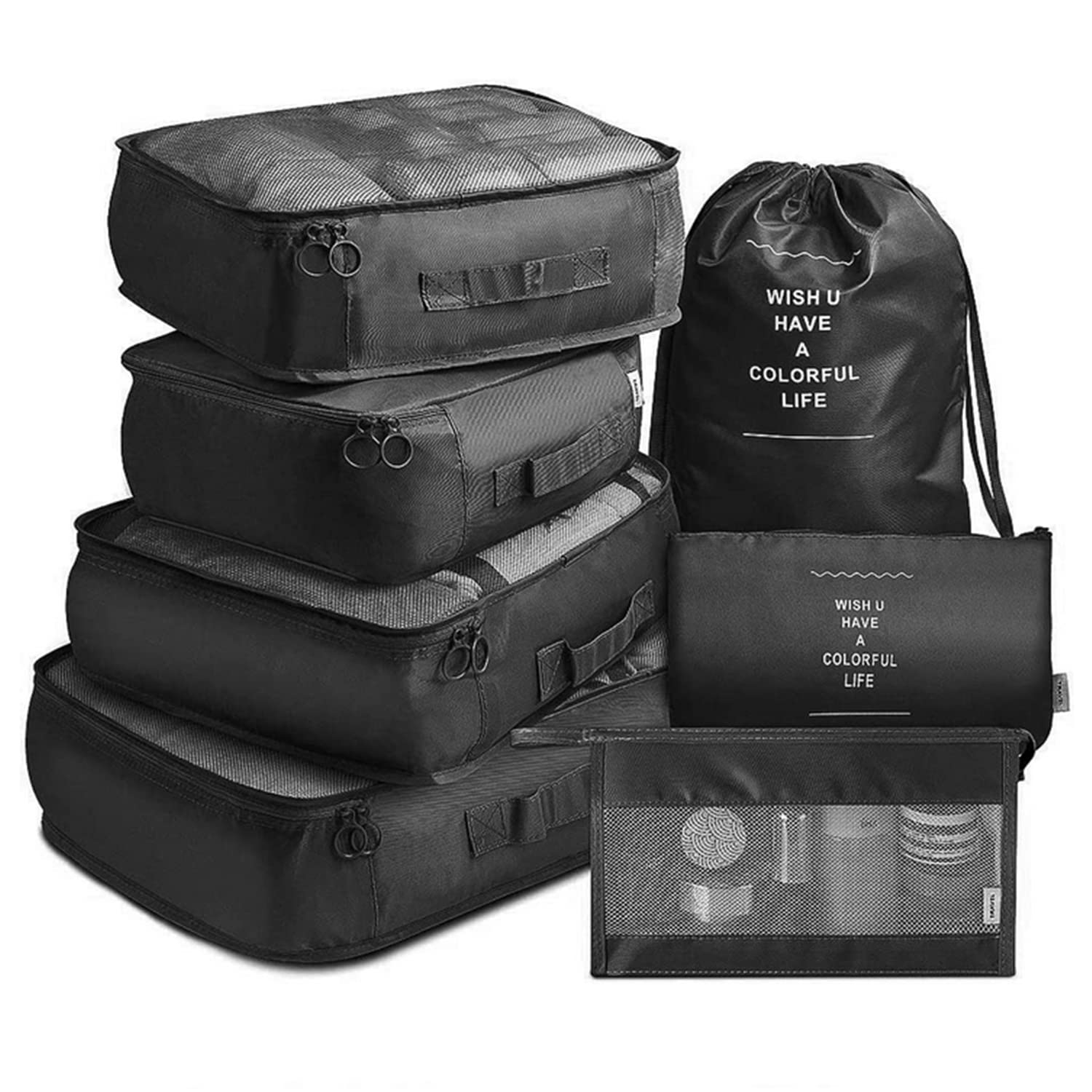 SKEIDOSKEIDO 7 Pack Packing Cubes Value Set for Travel Luggage Organiser Bag Compression Pouches Clothes Suitcase Packing Organizers Set-Black