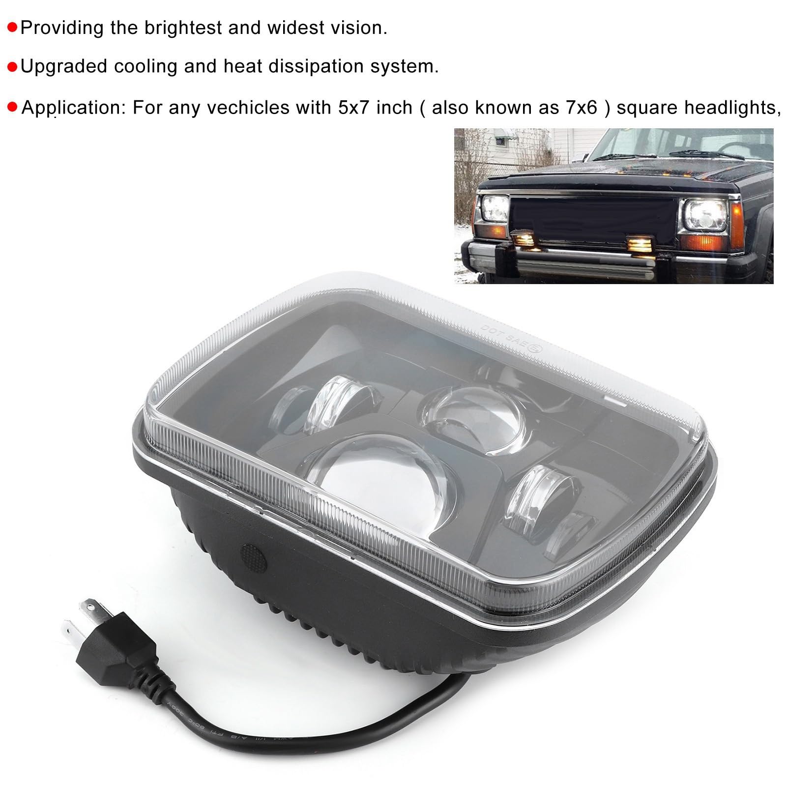 Akozon LED reflektor H4 7in LED 5x7 calowy kwadratowy reflektor o wysokiej jasności 12-24V reflektor odpowiedni do Wrangler YJ