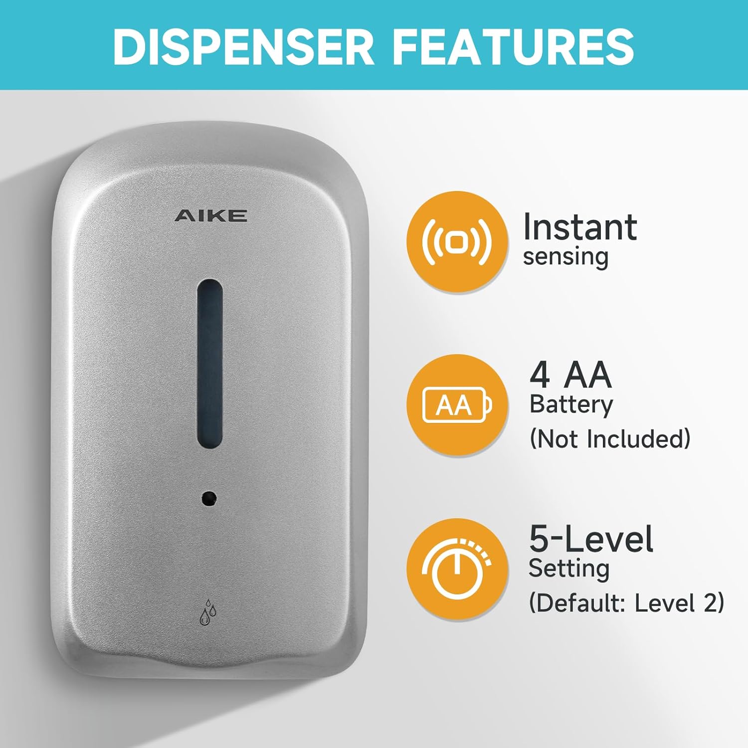 AIKE 33.8oz Automatic Wall Mount Liquid Soap Dispenser with Commercial ABS Construction, Model AK1226S(Silver) - Image 5