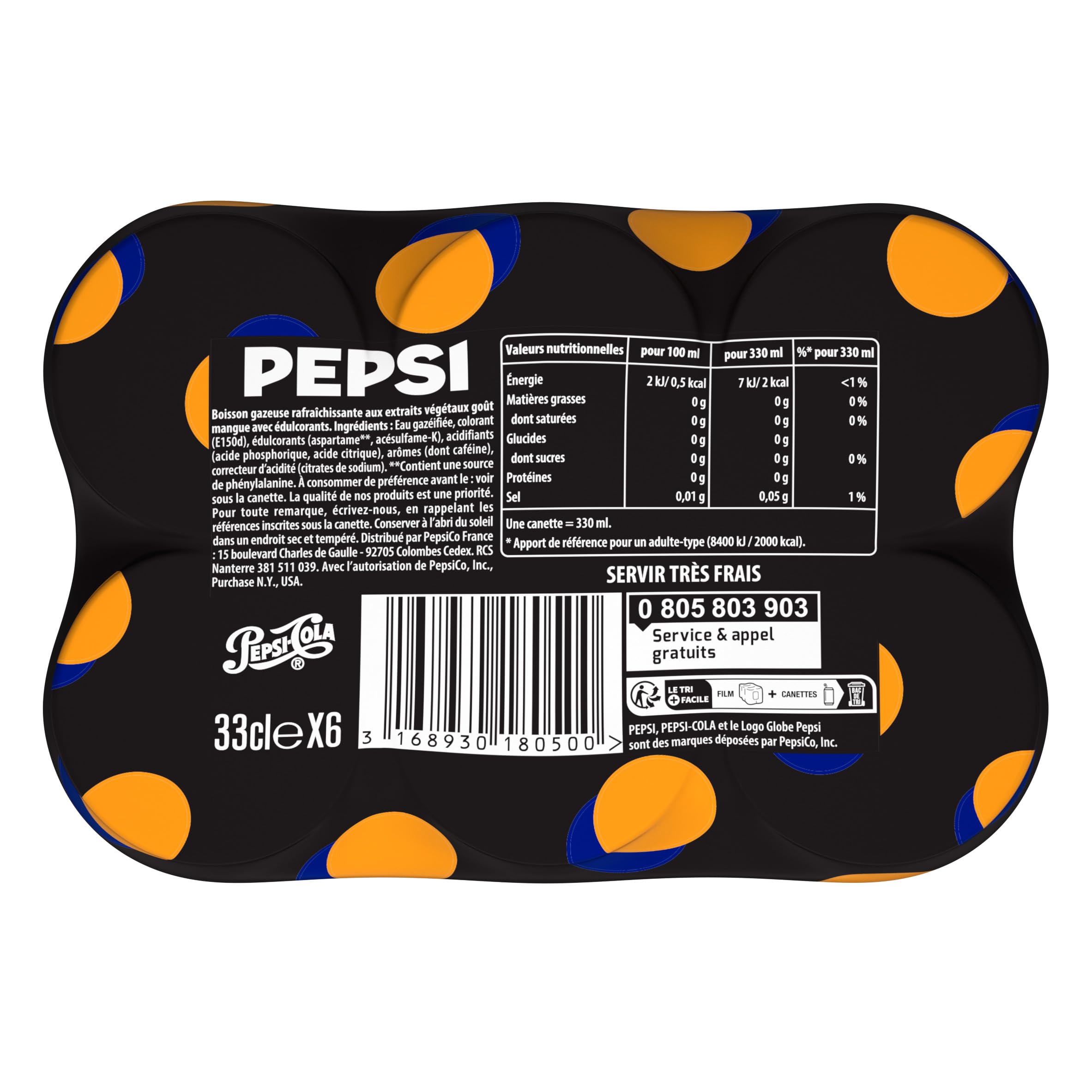Pepsi Soda au Cola Sans Sucres Saveur Mangue 33cl - Lot de 24 canettes