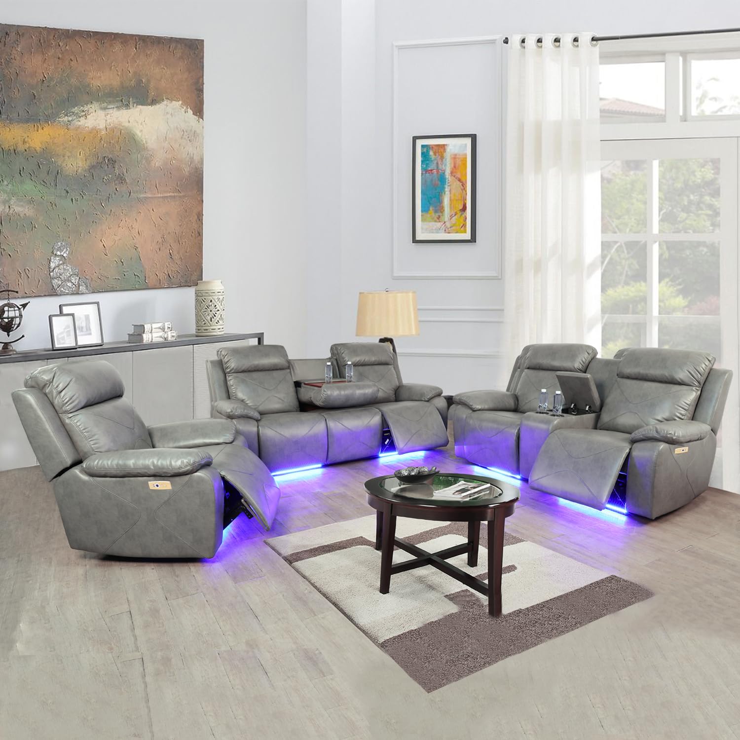 A Ainehome Furniture 3PC Sectional Sofa Living Room Office Sofa Set Electric Motion Sofa Loveseat Reclining Sofa(A-Grey, 3 Piece Set)
