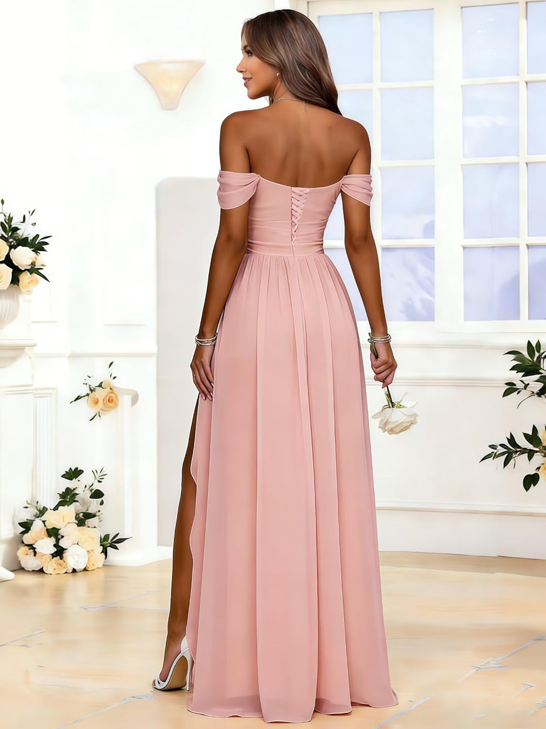 Chiffon Bridesmaid Dresses for Women Off Shoulder Corset Ruffles Long Formal Gown with Slit - Image 2