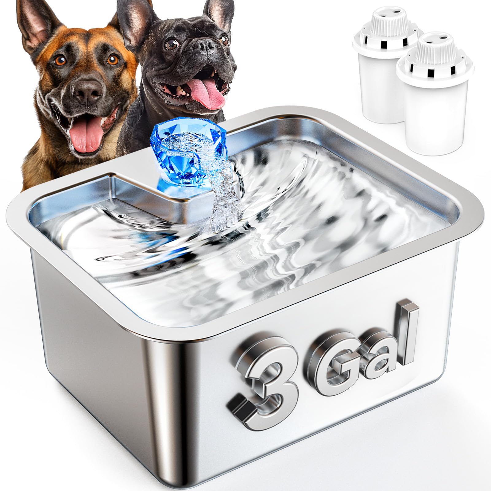 3 Gallon Large Dog Water Fountain, Stainless Steel Pet Water Fountain for Large Dogs, Automatic Big Dog Water Bowl Dispenser Drinking with 2 Filters,