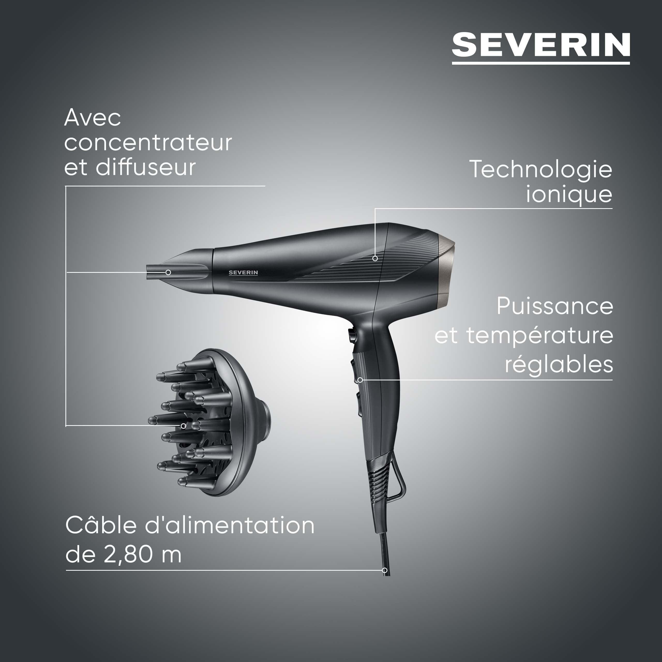 SEVERIN Seche cheveux performant avec moteur AC et technologie ionique, Sèche cheveux avec diffuseur et concentrateur amovibles, sèche-cheveux puissant 2 300 W, Noir, HT 0167