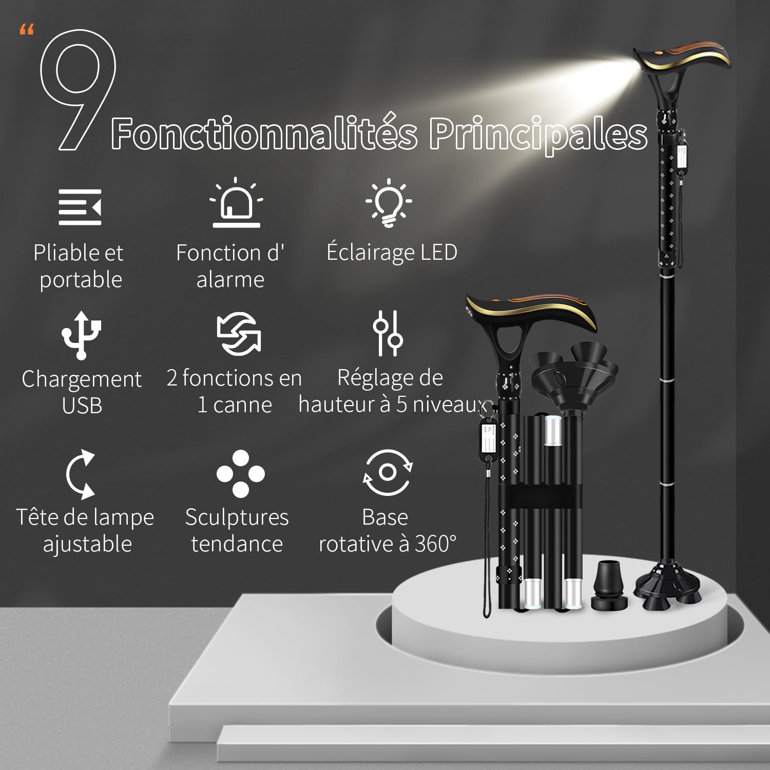 Canne de marche pliable multifonctionnelle avec lumière, canne de marche tendance pour homme et femme, canne de marche réglable pour personnes âgées, charge directe USB, légère et portable