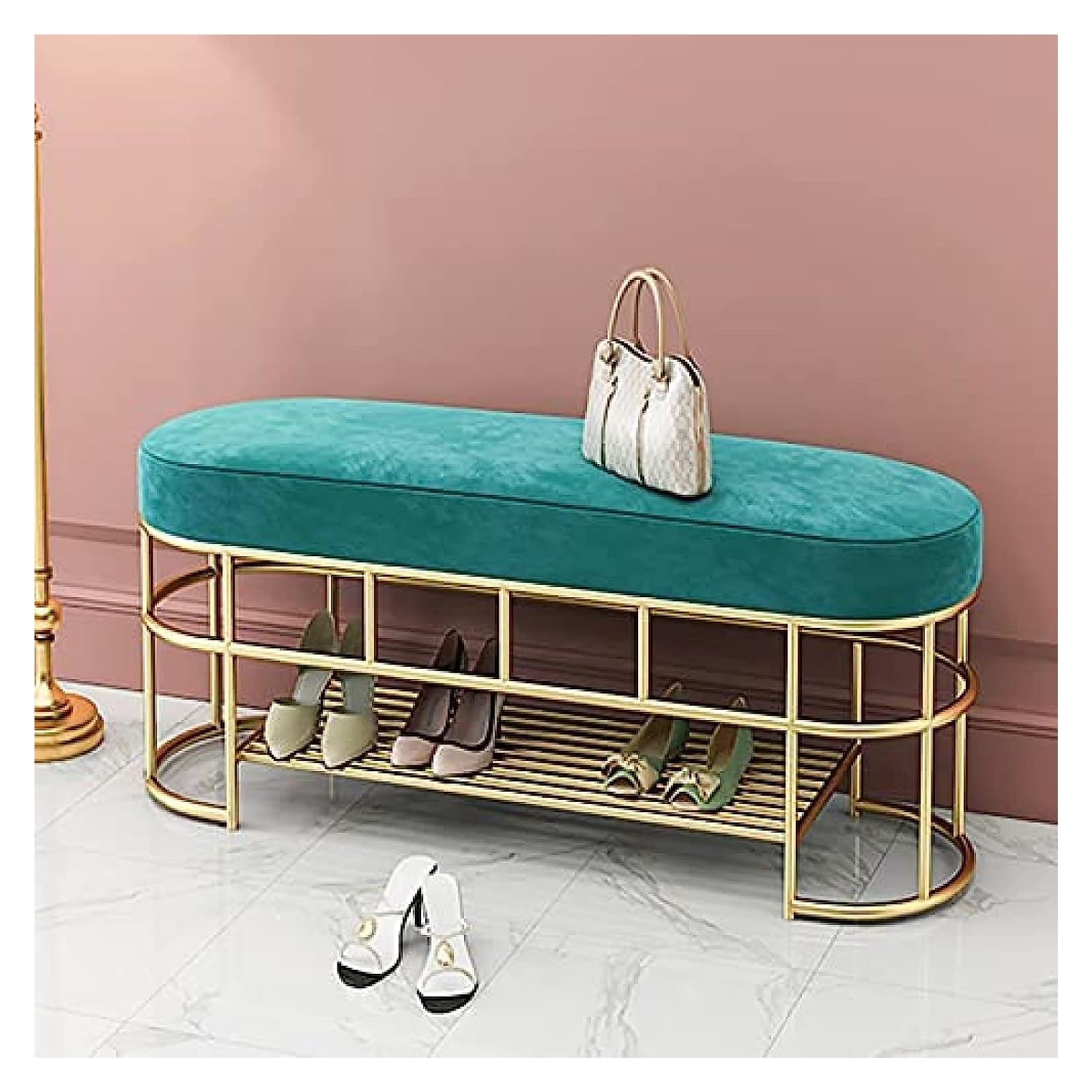 GRDDBZA Shoe Storage Bench with Cushion for Entryway, Entryway Bench with Golden Shoe Rack, Velvet Shoe Cabinet, Bedroom Bench Shoe Cabinet for Entry Living Room(60x35x45cm)