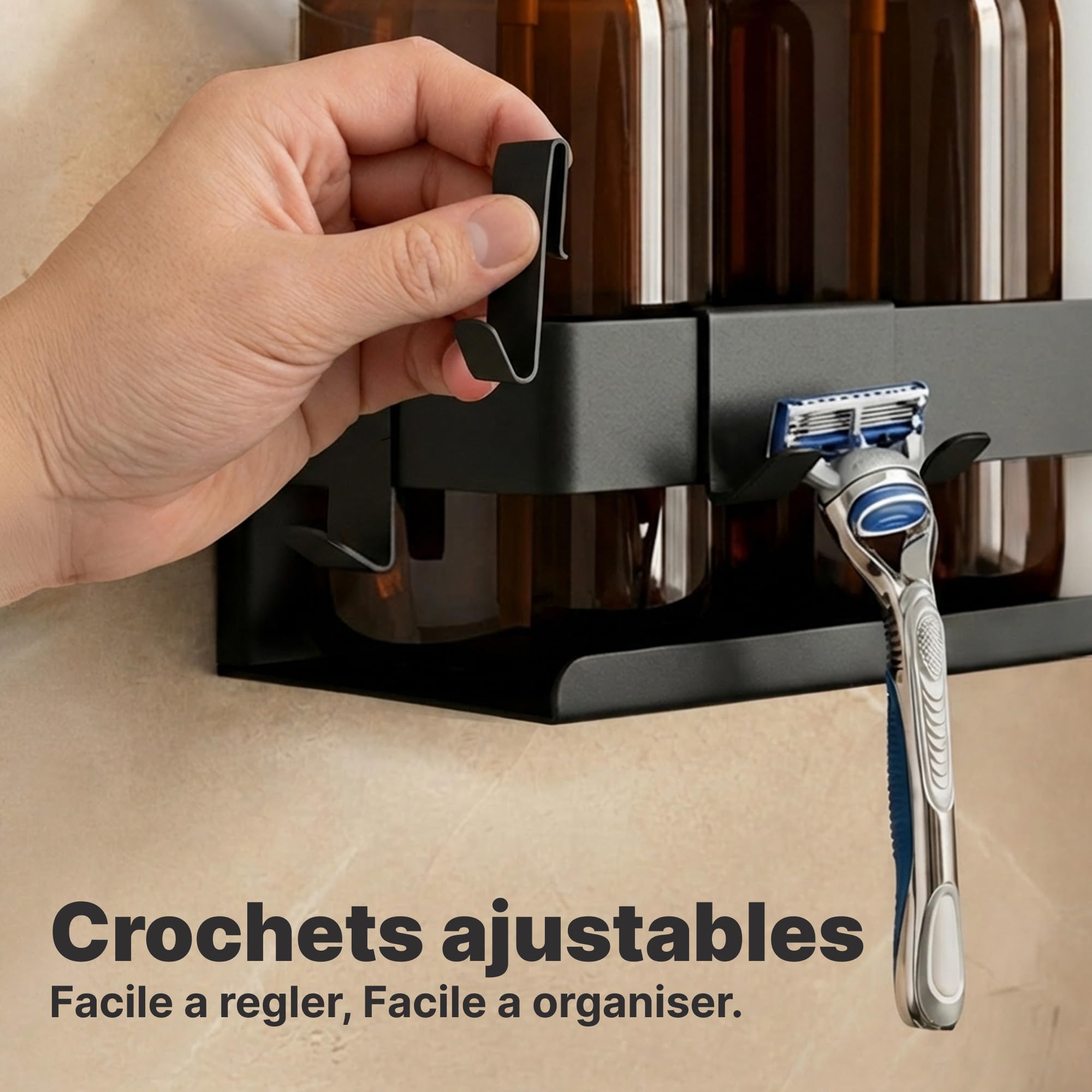 Minismus etagere douche sans percage, avec crochets mobiles et barre de securite, pour accessoires de salle de bain, adhesif ou a visser, etagere salle de bain durable, porte savon douche étagère