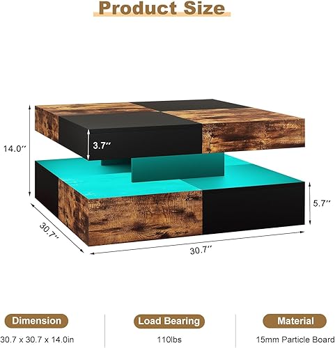 Miniatura 9 de LED Coffee Table for Living Room, 31inch Wooden Square 2-Tier Modern Middle Center Table, Coffee Table with 16-Color Plug-in LED Light, Cocktail Tea