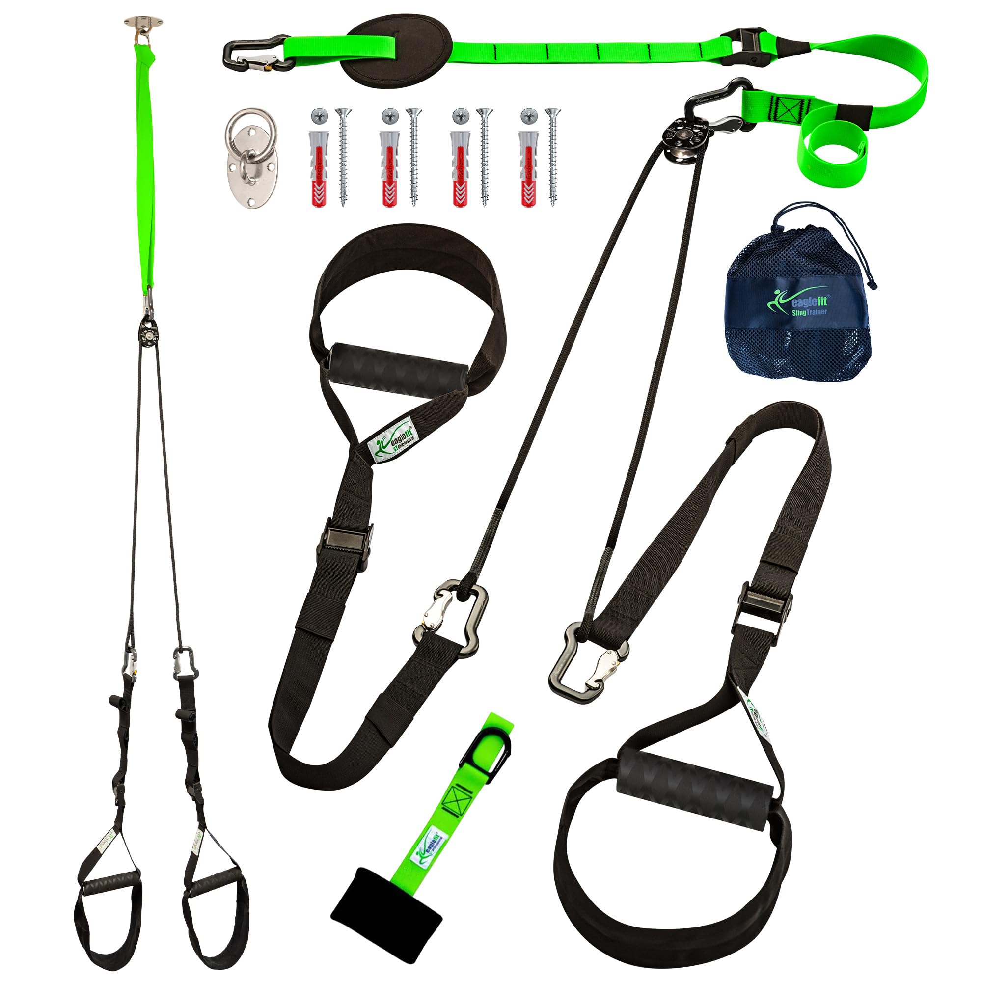eaglefit Sling-Trainer Exclusive ALU - Schlingentrainer Set für Zuhause & Outdoor inkl. Alugriffen, Deckenhalterung, Türanker & Zubehör für Krafttraining & Muskelaufbau - Verstellbar 160-360 cm