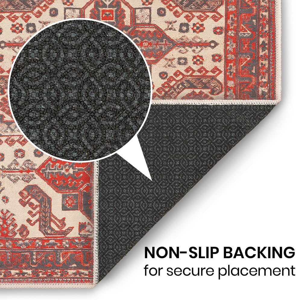 GLN Rugs Vintage Collection - Machine Washable Area Rug, Vintage Washable, Non Slip, Low Pile Rug, Living Room, Bedroom, Bathroom Rug - Easy Clean (2'x3' Red and Black)