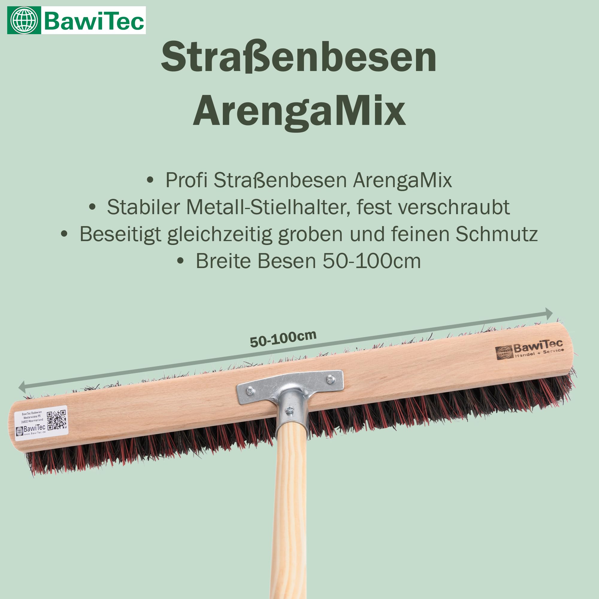 BawiTec Spezialbesen Arenga-Elaston-Borsten-Mix Breite 60cm inkl. stabilem Holzstiel Ø28mm Länge 160cm, Straßenbesen Kehrbesen Besen mit Stiel und Metall-Stielhalterung verschraubt Arengabesen