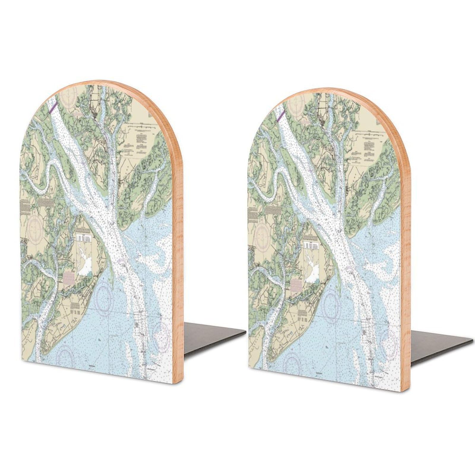 Map Lowcountry Head Island Beaufort Nautical Coastal Beech Wood Bookends Heavy Duty Book Organizers Desktop File Holder for Office Home Bookshelf