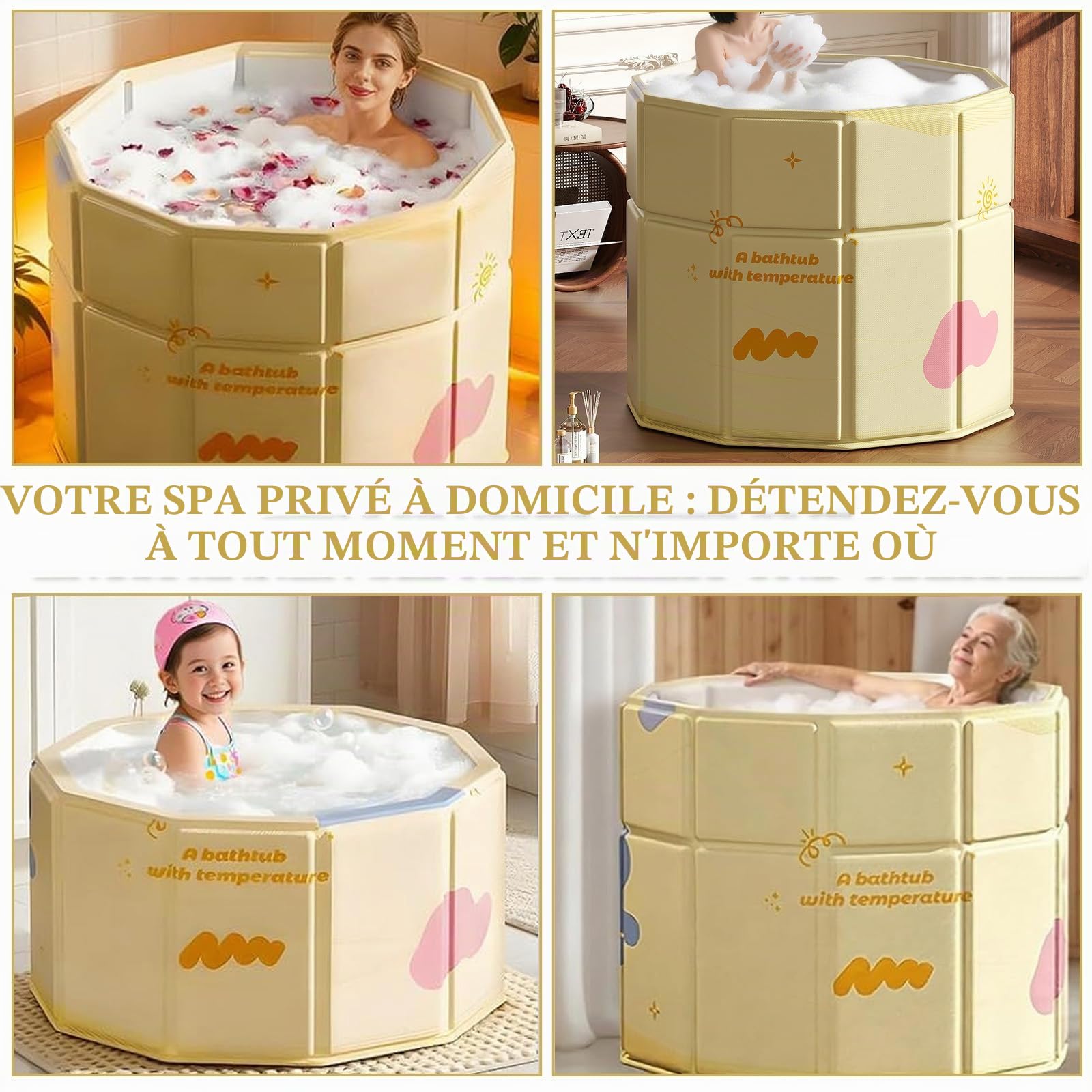 Baignoire pliable, jaune, 70 x 70 cm, pour adulte, portable, pliable, salle de bain familiale, spa, trempage, pas d'installation pour la maison et l'extérieur