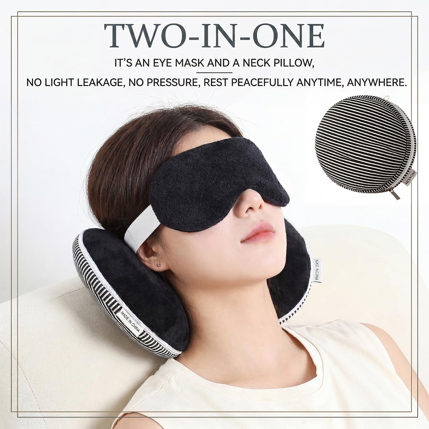 BOROLA 2-in-1 Travel Neck Pillow with Sleep Mask, Foldable U Shaped Airplane Pillow with PP Cotton, Portable Soft Pillow for Flights, Train, Car, Office Nap(Black White Stripe)